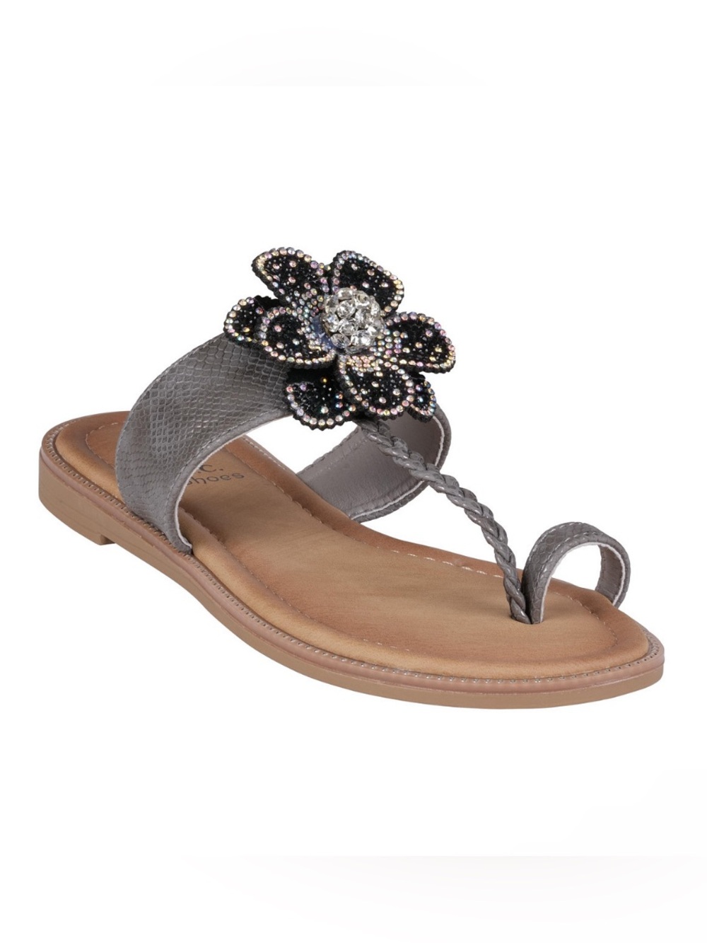 NWT GC Shoes Blossom Flower Embellished Toe Ring Flat Sandals Pewter Gray Size 9